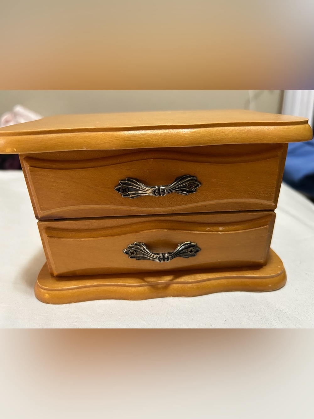 Wooden Jewelry Box with Ornate Metal Handles - Honey Brown